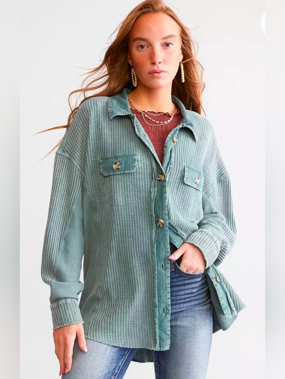 ❤️ BUCKLE (BKE) OVERSIZED WAFFLE KNIT BUTTON DOWN THERMAL BOYFRIEND SHIRT, SMALL